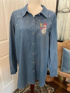 QUACKER FACTORY |Denim Long Sleeve Chambray Shirt w/ Snowman Snow Motif | XL